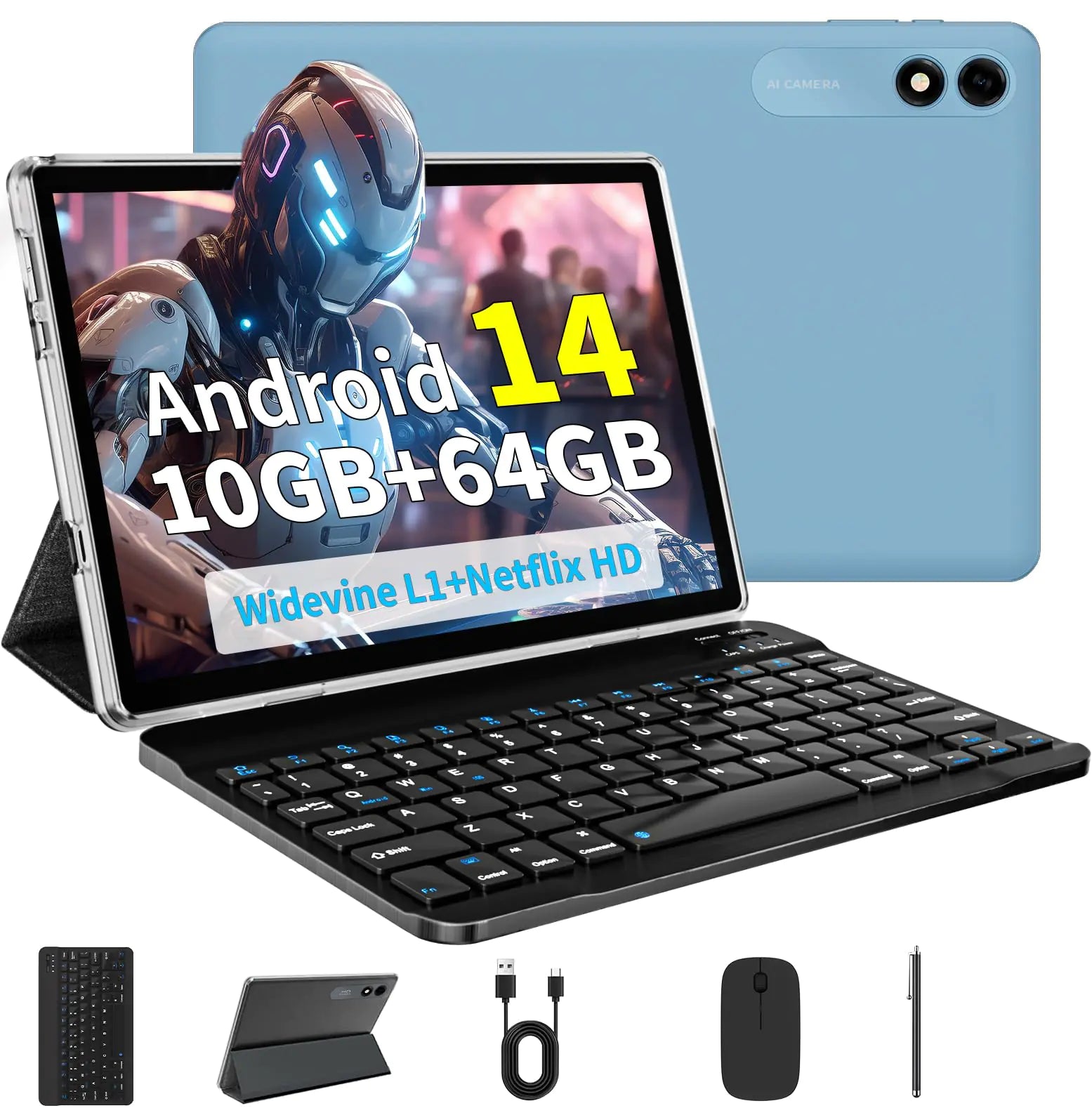 Tablet Android 14 Tablet 10 inch Tablet 5G WiFi Octa-Core10GB RAM + 64GB ROM (TF 2TB)FHDDual Camera6000mAhBluetooth 5.0 Widevine L1 Tablet with Keyboard and Mouse(sky blue+Keyboard Sets)