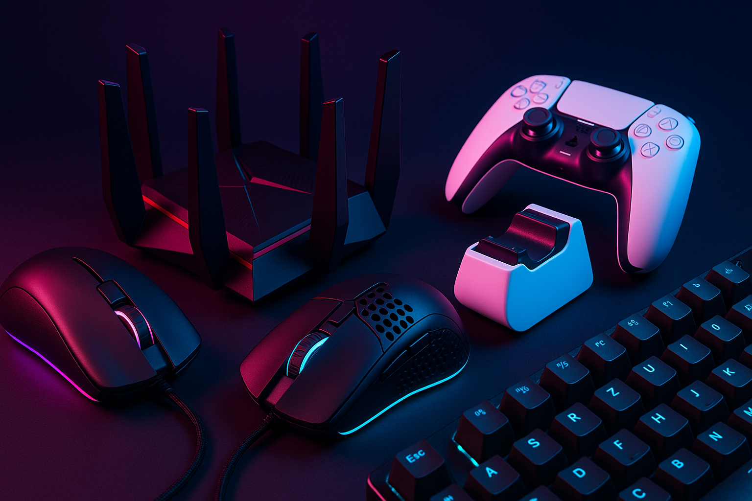 Gaming accessories banner with mice, gaming routers, PS5 accessories, and keyboard accessories