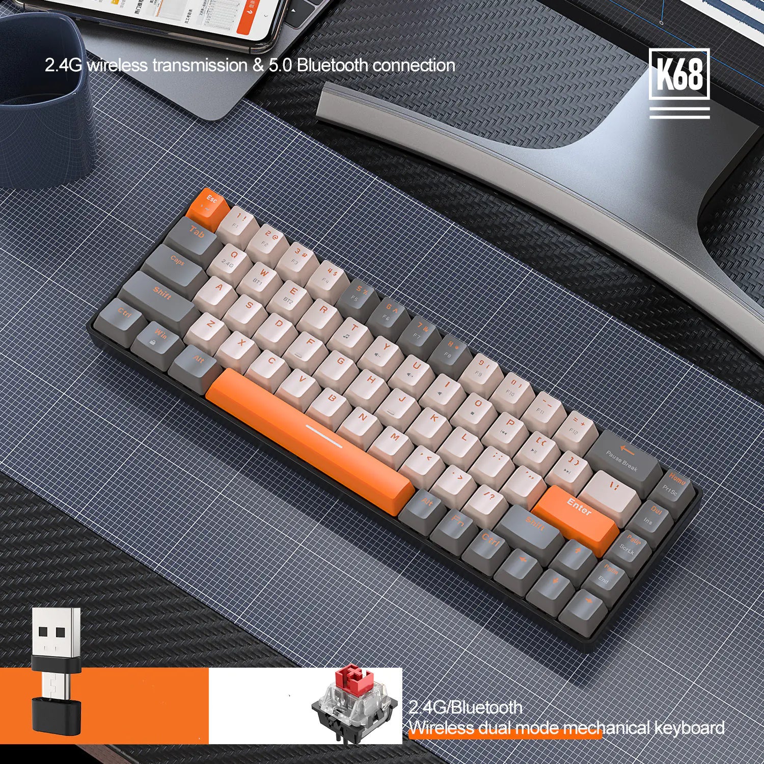 68-Key Wireless Mechanical Keyboard - Hot-Swappable Switches
