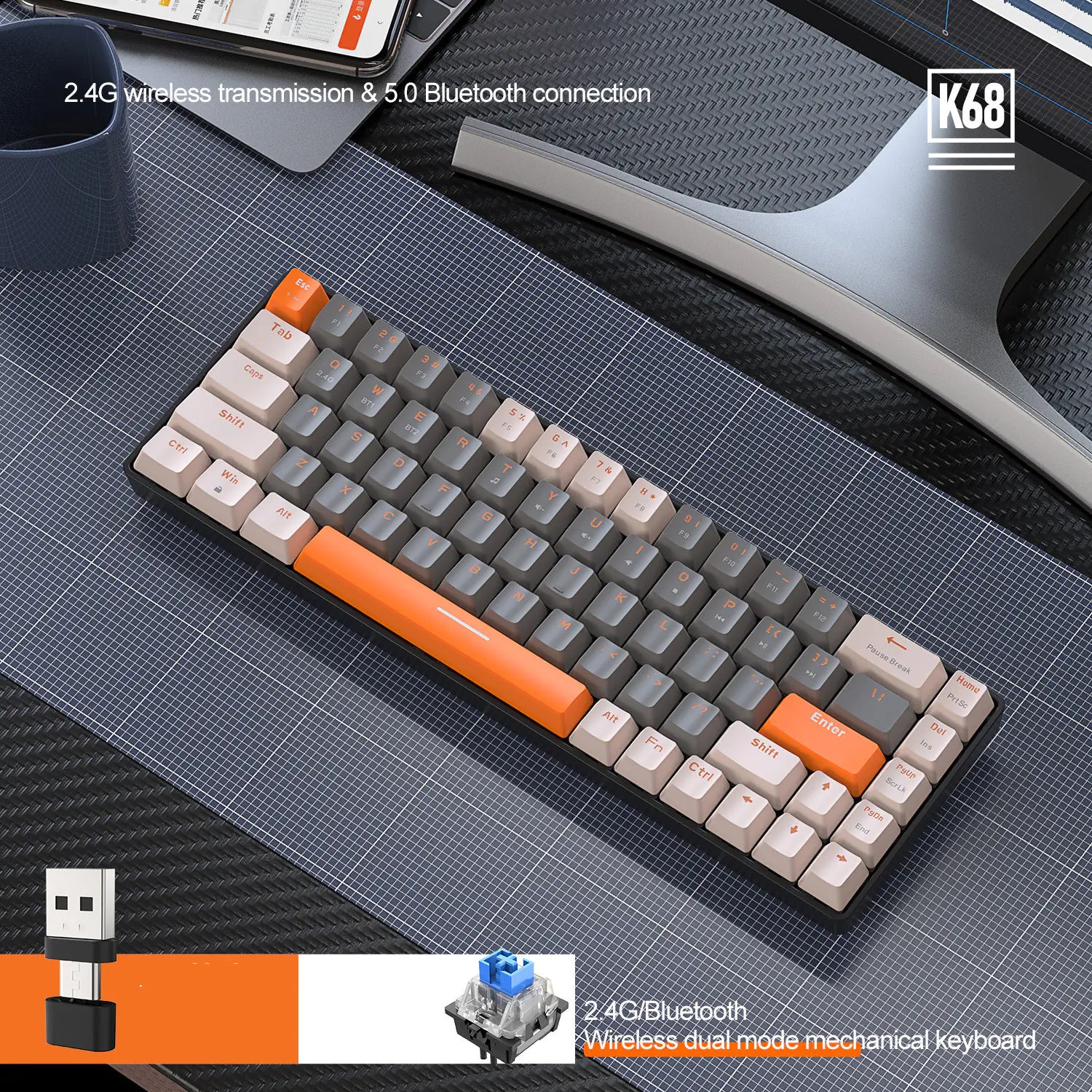 68-Key Wireless Mechanical Keyboard - Hot-Swappable Switches