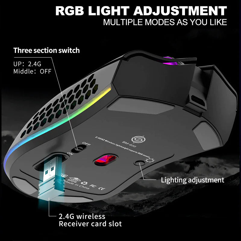 Wireless RGB Gaming Mouse - Rechargeable with 7-Color LED