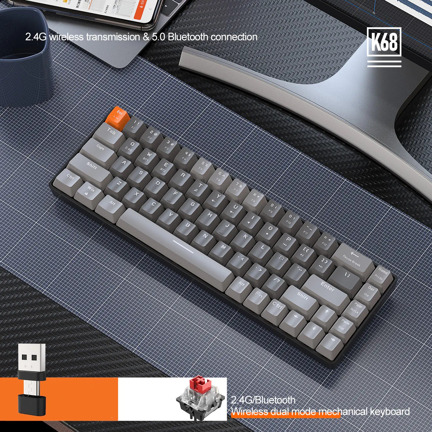 68-Key Wireless Mechanical Keyboard - Hot-Swappable Switches
