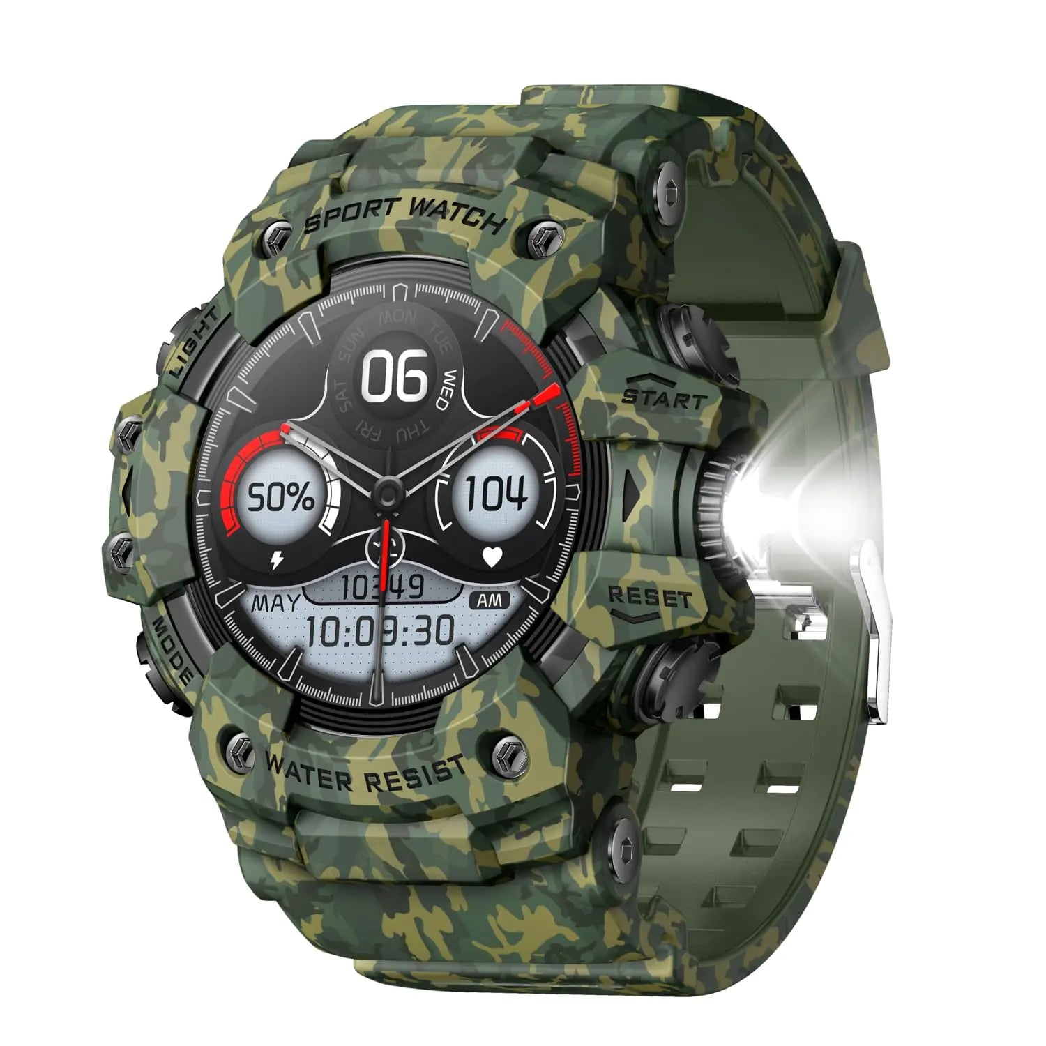 Desong Military Smart Watch - LED Flashlight 1.32" HD Camo Green Tactical Watch
