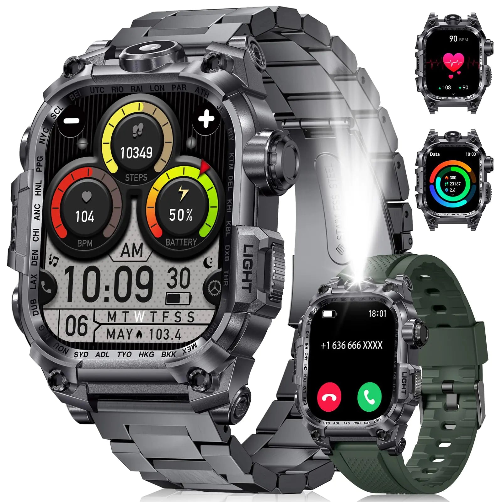 LIGE Military Smart Watch 2.01" - LED Flashlight 700mAh Long Battery Rugged