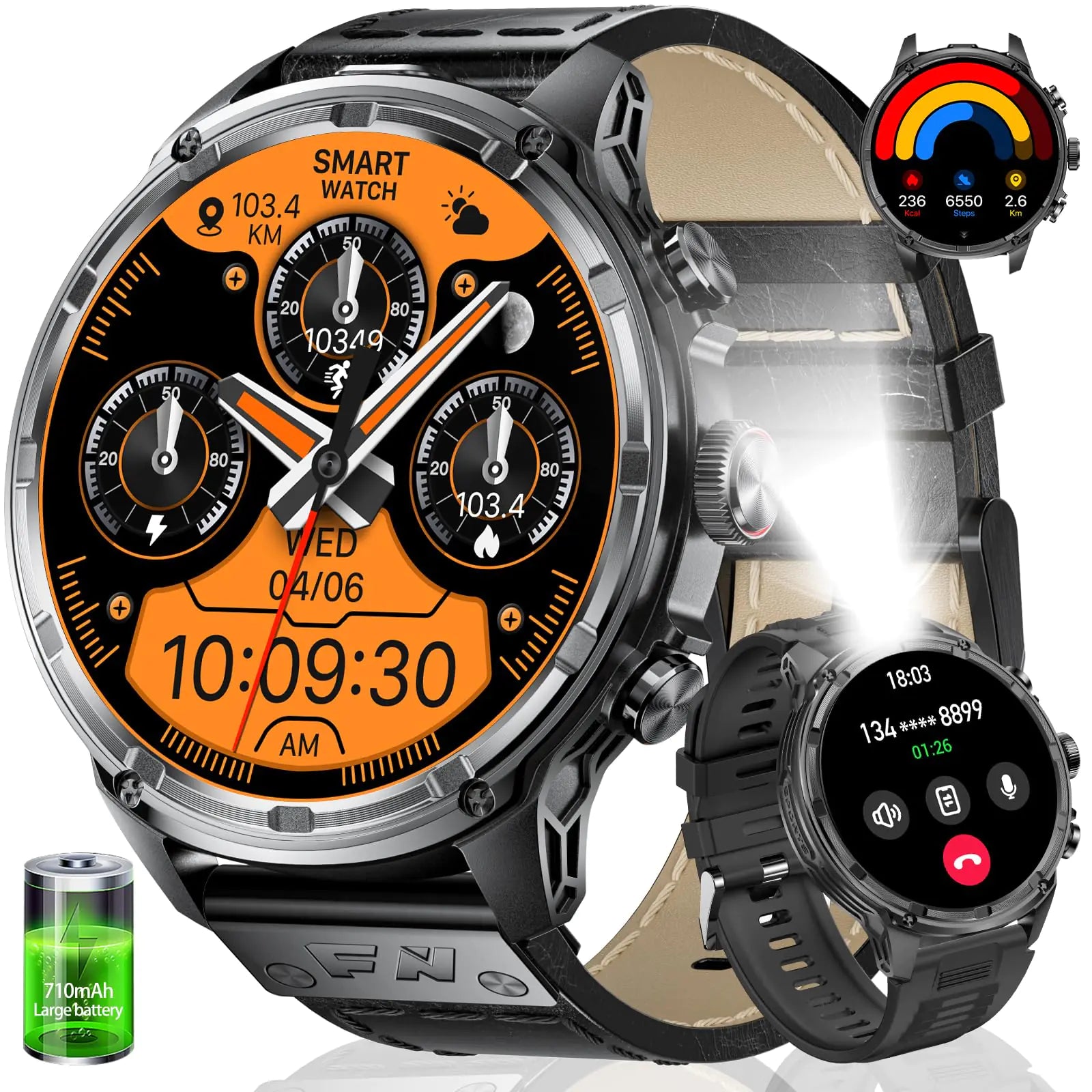 HIRREO Smart Watch for Men - 1.85" HD Display with LED Flashlight