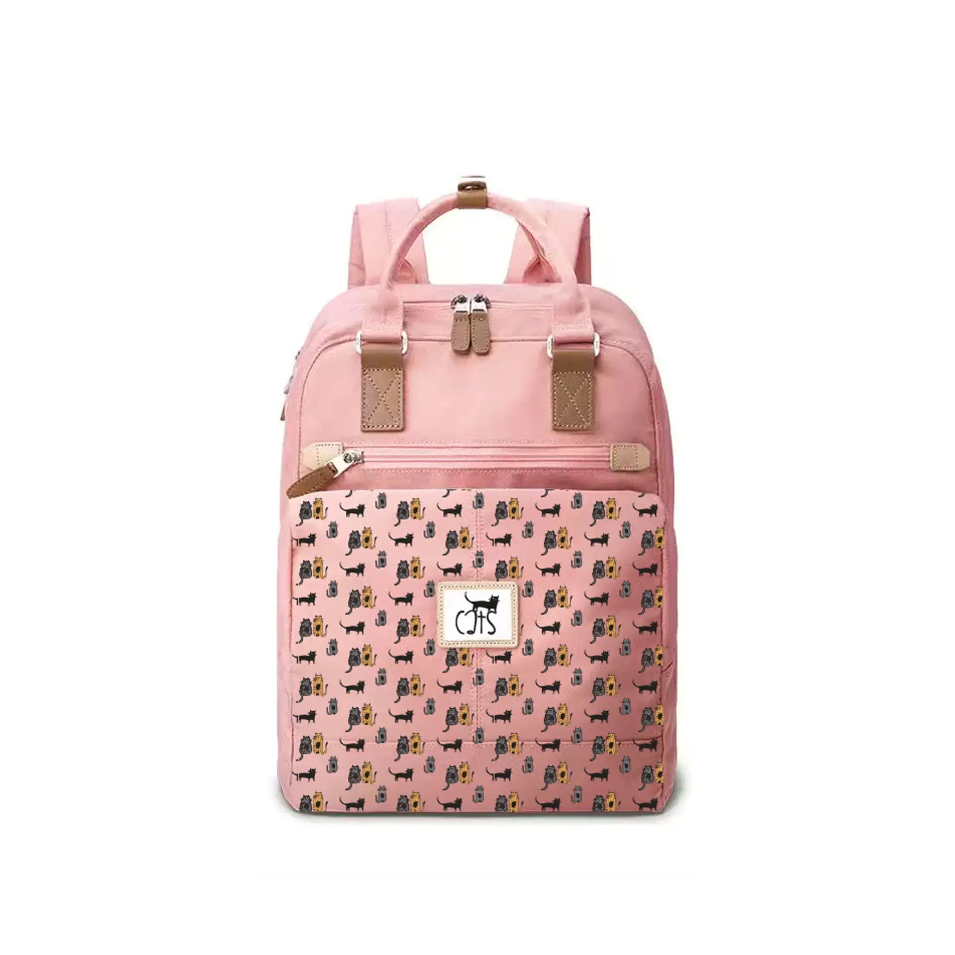 Cat Design Laptop Backpack - Pink with Cute Pattern