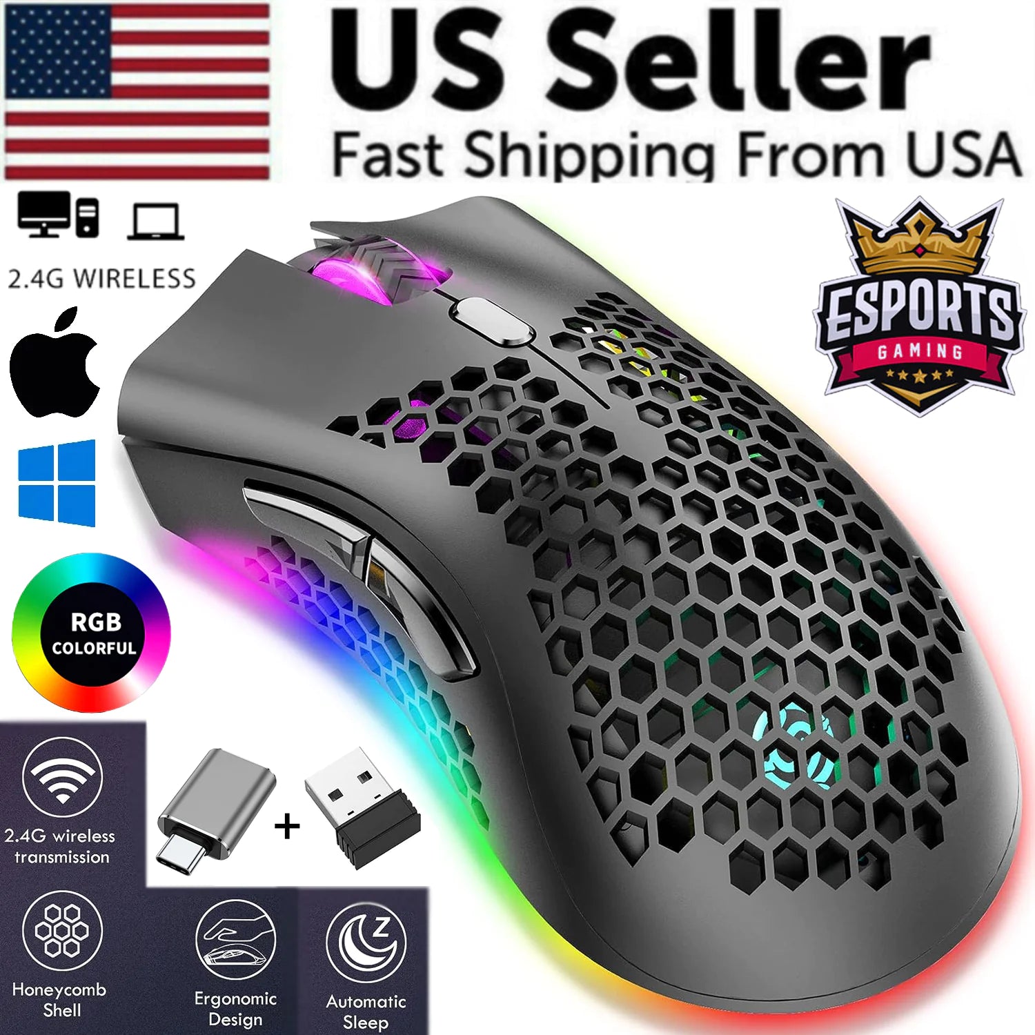 Wireless RGB Gaming Mouse - Rechargeable with 7-Color LED