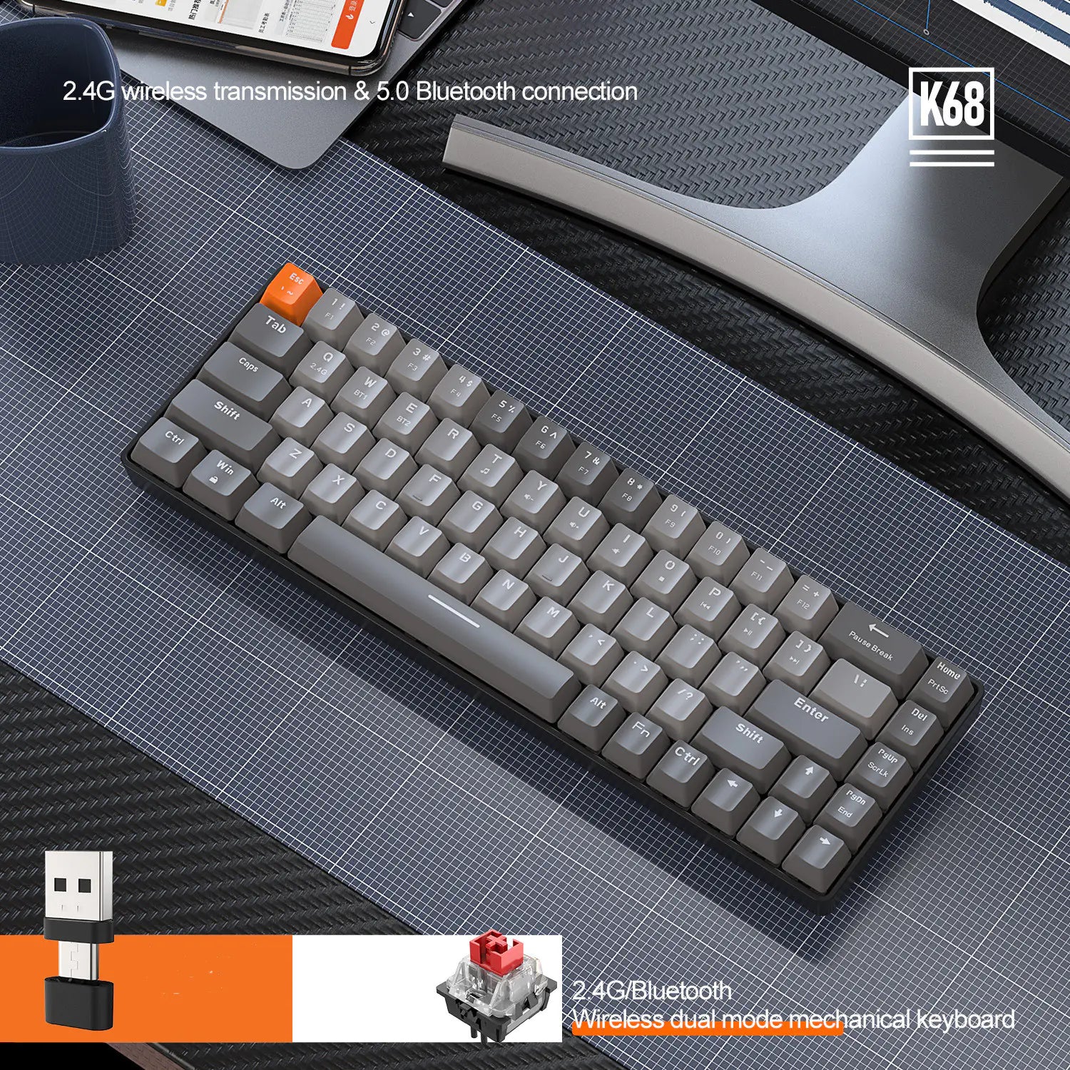 68-Key Wireless Mechanical Keyboard - Hot-Swappable Switches