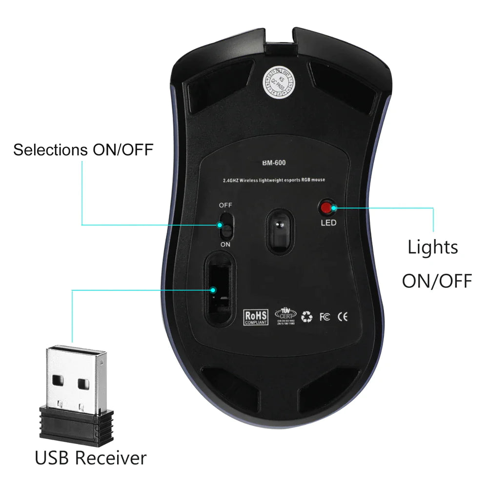 Wireless RGB Gaming Mouse - Rechargeable with 7-Color LED