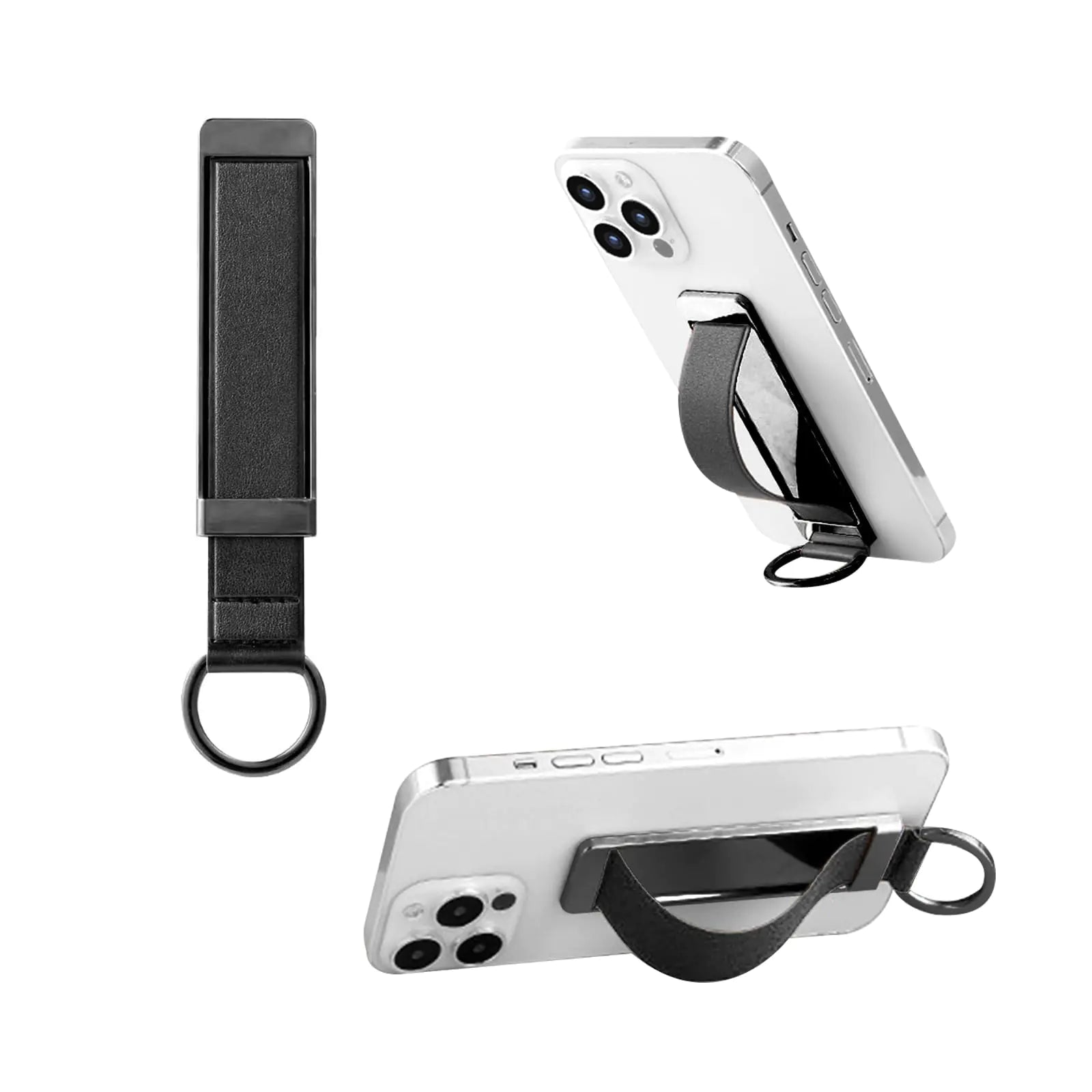Black Phone Strap Holder - Adjustable Hand Grip with Ring Stand